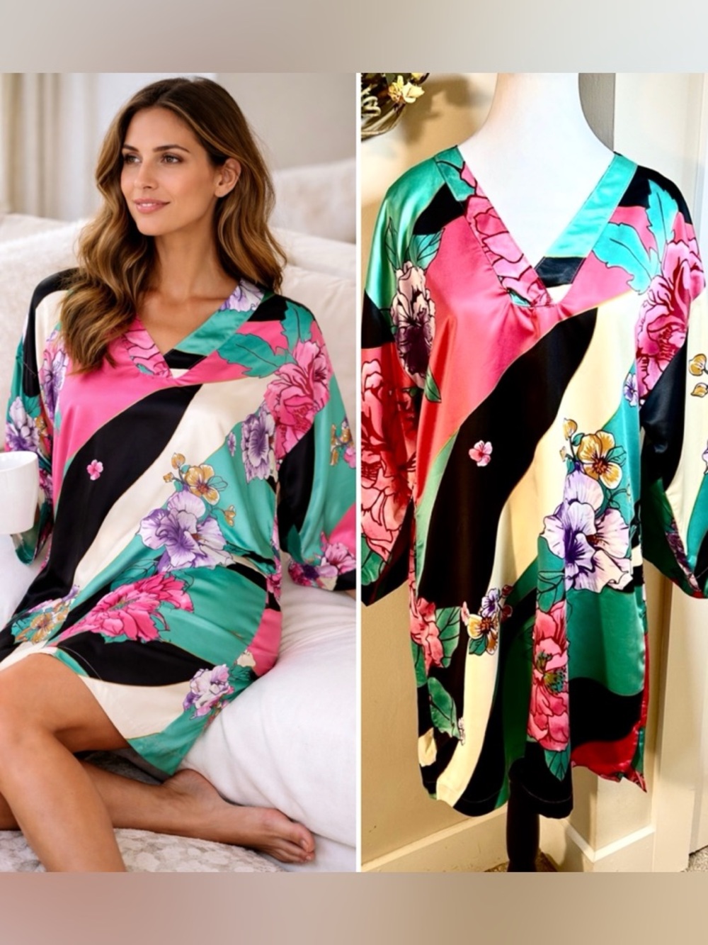 NATORI  Beijing Flower Retro Print Matte Satin Sleep-Shirt w/Pockets  Sz S